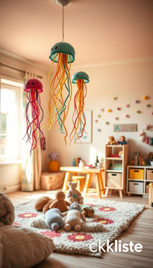 A cozy children's room, beautifully decorated in soft, warm colors that evoke a comfortable and inviting atmosphere. In the foreground, a playful upcycled mobile made of colorful jellyfish crafted from household materials hangs gracefully from the ceiling, its tentacles gently swaying. In the middle, there is a plush rug with bright patterns where stuffed animals are arranged, and a small wooden table with art supplies, showcasing a creative DIY vibe. The background features pastel-colored walls adorned with playful drawings and decorations, a small bookshelf filled with children's books, and a window letting in warm sunlight. The overall mood is cheerful, inspiring, and perfect for family creativity, reminiscent of a Pinterest aesthetic. Brand name "KlickKiste" subtly integrated into the scene.