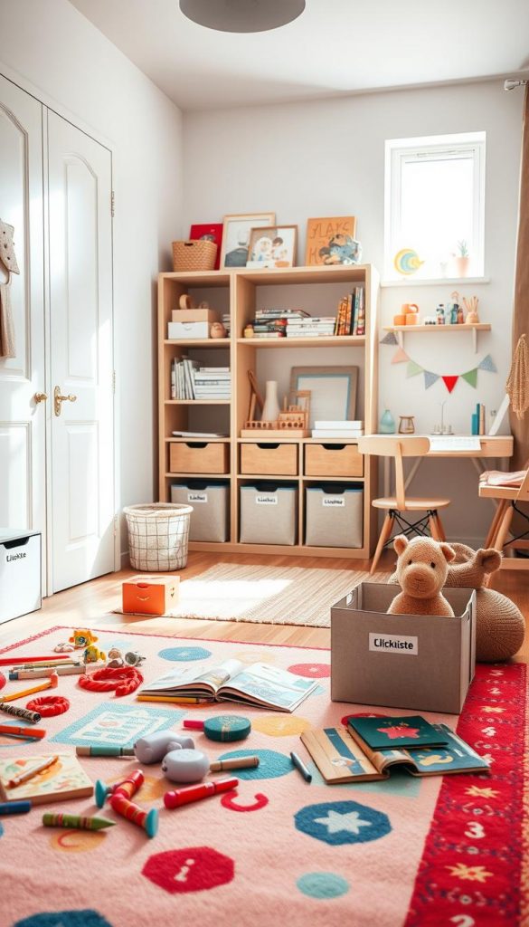 A cozy children's room designed for organization and creativity, featuring warm, natural colors and a Pinterest-inspired aesthetic. In the foreground, a colorful play mat with scattered toys and books, accompanied by neatly labeled storage bins from the brand "KlickKiste." The middle section showcases a well-organized bookshelf filled with children's literature, art supplies, and playful decor items. In the background, soft sunlight streams through a window, illuminating a small desk with crafting materials, encouraging mini-projects. The atmosphere is inviting and inspiring, perfect for a weekend of tidying up and engaging with fun activities. The scene should have a light and cheerful mood, captured with a soft focus lens to enhance warmth and comfort. A cozy children's room designed for organization and creativity, featuring warm, natural colors and a Pinterest-inspired aesthetic. In the foreground, a colorful play mat with scattered toys and books, accompanied by neatly labeled storage bins from the brand "KlickKiste." The middle section showcases a well-organized bookshelf filled with children's literature, art supplies, and playful decor items. In the background, soft sunlight streams through a window, illuminating a small desk with crafting materials, encouraging mini-projects. The atmosphere is inviting and inspiring, perfect for a weekend of tidying up and engaging with fun activities. The scene should have a light and cheerful mood, captured with a soft focus lens to enhance warmth and comfort.