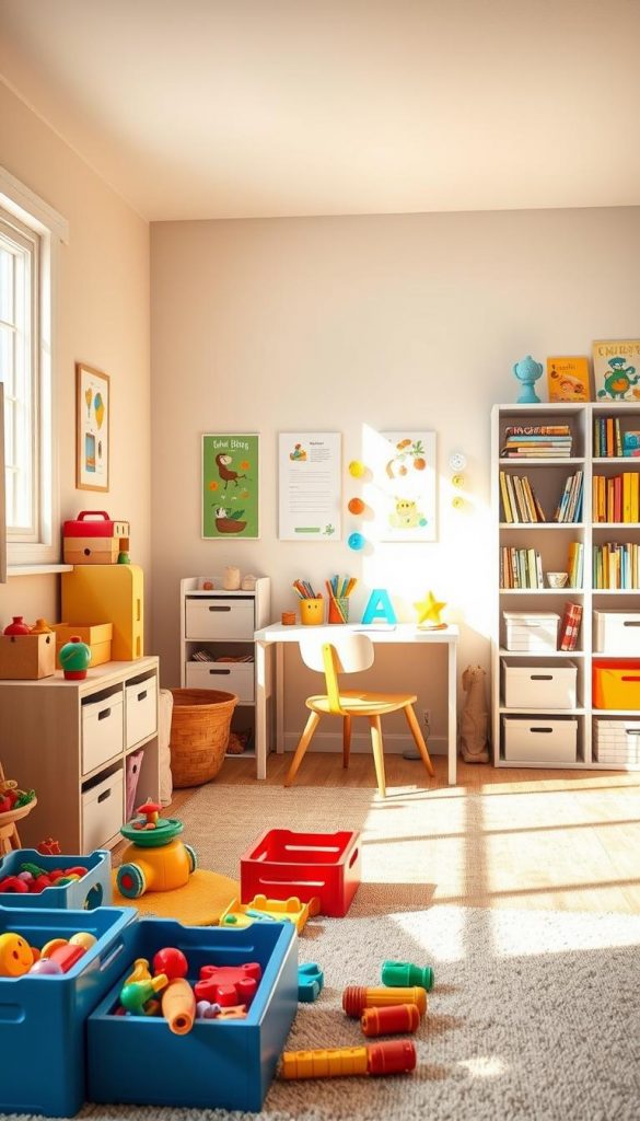 A cozy children's room designed for various age groups, highlighting organization tips suitable for toddlers to school-aged children. In the foreground, a tidy play area features colorful, age-appropriate toys, neatly arranged. In the middle, a functional study corner showcases a desk with school supplies, books, and art materials, all organized within easy reach. The background reveals a soft-hued wall with educational posters and shelving filled with neatly stacked children's books. The atmosphere is warm and inviting, with natural light streaming through a window, creating a cheerful ambiance. The colors are bright yet soothing, evoking a sense of inspiration and authenticity, perfectly capturing the design ethos of "KlickKiste." A cozy children's room designed for various age groups, highlighting organization tips suitable for toddlers to school-aged children. In the foreground, a tidy play area features colorful, age-appropriate toys, neatly arranged. In the middle, a functional study corner showcases a desk with school supplies, books, and art materials, all organized within easy reach. The background reveals a soft-hued wall with educational posters and shelving filled with neatly stacked children's books. The atmosphere is warm and inviting, with natural light streaming through a window, creating a cheerful ambiance. The colors are bright yet soothing, evoking a sense of inspiration and authenticity, perfectly capturing the design ethos of "KlickKiste."
