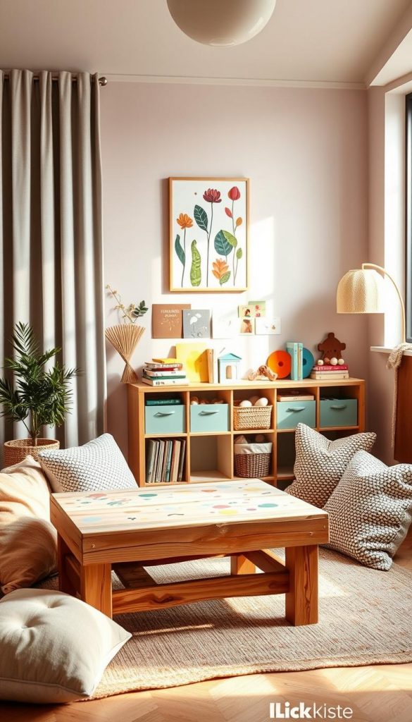 A cozy children's room designed with a modern, natural, Boho, and Scandinavian aesthetic, featuring warm, inviting colors. In the foreground, a handmade wooden play table is adorned with soft pastels and earthy tones, surrounded by plush cushions in various textures. In the middle, colorful wall art inspired by nature hangs above a neatly arranged shelf filled with books and toys, all reflecting a Pinterest-worthy DIY style. The background features a soft, neutral-toned wall with a large window allowing natural light to flood the space, creating a joyful and uplifting atmosphere. The scene is well-composed with a slight angle to capture the room's depth, showcasing authenticity and inspiration, designed for modern family living. Brand: KlickKiste.