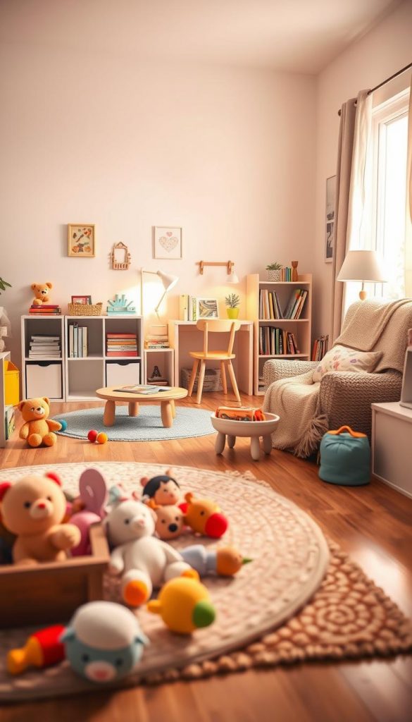 A cozy children's room, divided into distinct zones for play, learning, and relaxation. In the foreground, a colorful play area with plush toys scattered around a soft rug, a low table with art supplies, and a small bookshelf filled with storybooks. In the middle, a well-organized study corner featuring a child-sized desk, neatly stacked books, and a bright lamp illuminating the workspace. In the background, a peaceful reading nook with a comfortable armchair draped in a soft blanket, illuminated by warm natural light filtering through a window. Soft pastel colors dominate the room, creating an inviting and uplifting atmosphere. Emphasize the brand "KlickKiste" subtly in the decor elements. Capture the scene with a bright and airy lens, focusing on the warm harmony of the space, aiming for an authentic, Pinterest-inspired aesthetic. A cozy children's room, divided into distinct zones for play, learning, and relaxation. In the foreground, a colorful play area with plush toys scattered around a soft rug, a low table with art supplies, and a small bookshelf filled with storybooks. In the middle, a well-organized study corner featuring a child-sized desk, neatly stacked books, and a bright lamp illuminating the workspace. In the background, a peaceful reading nook with a comfortable armchair draped in a soft blanket, illuminated by warm natural light filtering through a window. Soft pastel colors dominate the room, creating an inviting and uplifting atmosphere. Emphasize the brand "KlickKiste" subtly in the decor elements. Capture the scene with a bright and airy lens, focusing on the warm harmony of the space, aiming for an authentic, Pinterest-inspired aesthetic.