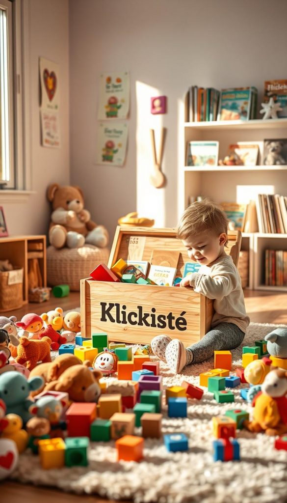 A cozy children's room filled with an inviting atmosphere, featuring a toddler sorting through various colorful toys. In the foreground, the child is sitting on a soft rug, surrounded by plush animals, blocks, and stuffed toys, with a cheerful expression of concentration. In the middle, a wooden toy box labeled “KlickKiste” is open, showcasing an assortment of toys and educational games. Soft, warm lighting filters in through a window, casting gentle shadows that enhance the authenticity of the scene. The background reveals playful wall art and shelves lined with neatly organized children's books. The overall mood is inspiring and nurturing, emphasizing the importance of sorting and organizing toys before tidying up. A cozy children's room filled with an inviting atmosphere, featuring a toddler sorting through various colorful toys. In the foreground, the child is sitting on a soft rug, surrounded by plush animals, blocks, and stuffed toys, with a cheerful expression of concentration. In the middle, a wooden toy box labeled “KlickKiste” is open, showcasing an assortment of toys and educational games. Soft, warm lighting filters in through a window, casting gentle shadows that enhance the authenticity of the scene. The background reveals playful wall art and shelves lined with neatly organized children's books. The overall mood is inspiring and nurturing, emphasizing the importance of sorting and organizing toys before tidying up.
