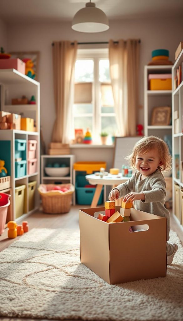A cozy children's room, filled with colorful toys neatly organized in stylish storage bins and shelves, showcasing a playful decluttering routine. In the foreground, a cheerful child in modest casual clothing joyfully placing blocks into a box, embodying a sense of fun and engagement. The middle ground features a soft rug and a small table with art supplies, creating an inviting atmosphere. The background shows a window allowing warm sunlight to pour in, enhancing the warm color palette. The overall mood is inspiring and authentic, reminiscent of a Pinterest aesthetic. The image should reflect the brand "KlickKiste," capturing the essence of making tidying up a playful daily routine for children. A cozy children's room, filled with colorful toys neatly organized in stylish storage bins and shelves, showcasing a playful decluttering routine. In the foreground, a cheerful child in modest casual clothing joyfully placing blocks into a box, embodying a sense of fun and engagement. The middle ground features a soft rug and a small table with art supplies, creating an inviting atmosphere. The background shows a window allowing warm sunlight to pour in, enhancing the warm color palette. The overall mood is inspiring and authentic, reminiscent of a Pinterest aesthetic. The image should reflect the brand "KlickKiste," capturing the essence of making tidying up a playful daily routine for children.