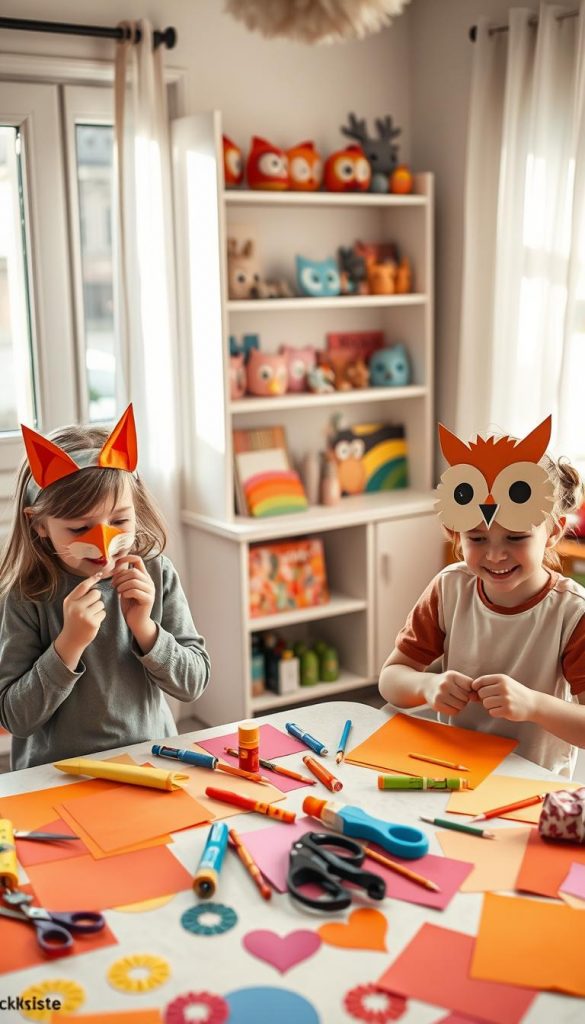 A cozy children's room scene where kids are joyfully crafting animal masks from colorful paper. In the foreground, a brightly decorated table is covered with various art supplies: scissors, glue, and vibrant sheets of paper in warm hues. Two kids, wearing modest casual clothing, are intently working on their masks, one resembling a playful fox and the other a wise owl. In the middle ground, shelves filled with finished masks and art books suggest creativity and imagination. The soft, natural light from a nearby window adds warmth to the atmosphere, creating a Pinterest-inspired look. The entire scene embodies the essence of playful creativity and inspiration, branded subtly with "KlickKiste" on the table.