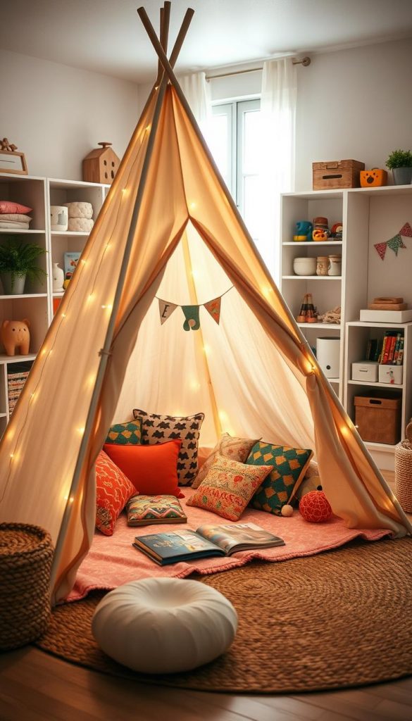 A cozy children's teepee set in a warm, inviting playroom, designed with natural materials and soft, earthy tones. In the foreground, a beautifully crafted teepee adorned with colorful patterned blankets and cushions, creating a snug reading nook filled with children's books. In the middle ground, playful decor like fairy lights softly illuminating the space, and a woven rug underfoot adding texture. The background features shelves filled with toys and art supplies, with a window allowing soft, diffused sunlight to pour in, creating a serene and nurturing atmosphere. This scene embodies a Pinterest-worthy aesthetic inspired by KlickKiste, evoking feelings of warmth and creativity perfect for bonding moments with children.