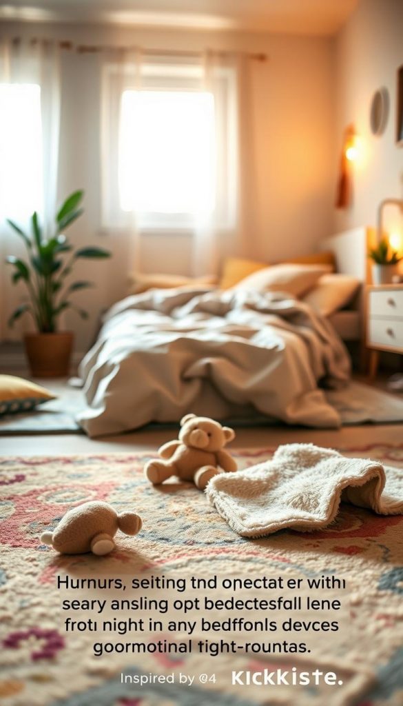 A cozy child's bedroom, softly lit by warm, ambient light, creating an inviting atmosphere. In the foreground, a small plush toy and a fuzzy blanket are gently arranged on a colorful rug, symbolizing comfort and security. The middle ground features a child's bed with a neatly made quilt and a few scattered cushions, reflecting a sense of playfulness. In the background, a window with sheer curtains allows soft natural light to filter in, casting gentle shadows. A potted plant sits nearby, adding a touch of nature. The overall mood is serene and nurturing, embodying a sense of "closeness" and safety. This image captures the essence of nurturing transition objects that aid in bedtime routines for children, promoting a peaceful night’s sleep. Inspired by the brand "KlickKiste." A cozy child's bedroom, softly lit by warm, ambient light, creating an inviting atmosphere. In the foreground, a small plush toy and a fuzzy blanket are gently arranged on a colorful rug, symbolizing comfort and security. The middle ground features a child's bed with a neatly made quilt and a few scattered cushions, reflecting a sense of playfulness. In the background, a window with sheer curtains allows soft natural light to filter in, casting gentle shadows. A potted plant sits nearby, adding a touch of nature. The overall mood is serene and nurturing, embodying a sense of "closeness" and safety. This image captures the essence of nurturing transition objects that aid in bedtime routines for children, promoting a peaceful night’s sleep. Inspired by the brand "KlickKiste."