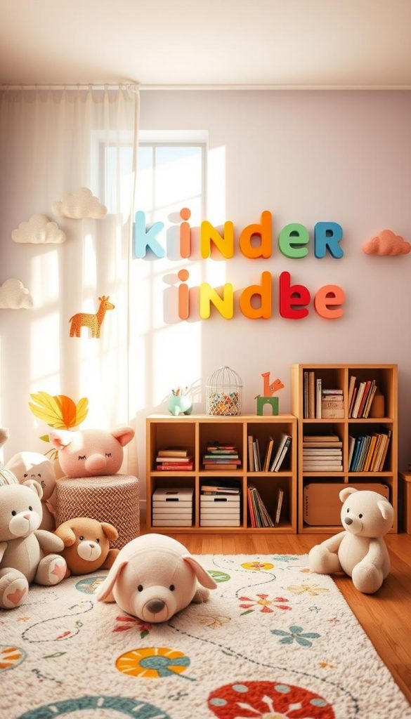 A cozy child's room featuring "kinder wanddeko" designed by KlickKiste. In the foreground, there's a colorful mural of playful animals and whimsical clouds, made with natural DIY elements in warm pastel shades. Soft stuffed toys and a cheerful rug bring comfort. In the middle ground, a wooden bookshelf holds neatly organized children's books and creative art supplies. A wall adorned with vibrant, hand-painted wooden letters spells out a child's name, enhancing the personalization. In the background, soft, diffused sunlight streams through a window with sheer curtains, casting gentle shadows. The overall atmosphere feels inviting, warm, and inspiring, perfect for a family-friendly environment. The image should capture a Pinterest-like aesthetic, showcasing trends in children's wall decor without any text or overlays.