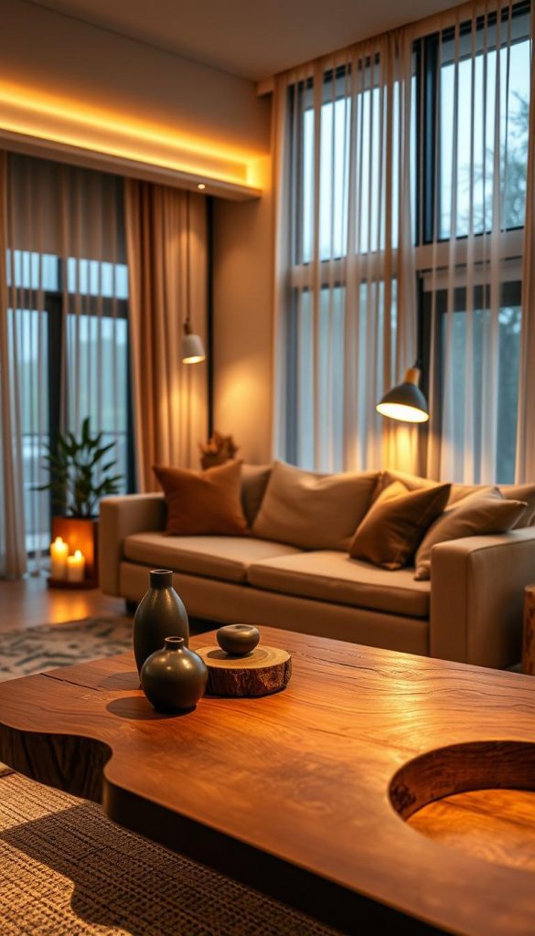 A cozy, contemporary home interior exuding a warm atmosphere, featuring innovative smart lighting solutions seamlessly integrated into the decor. In the foreground, a stylish coffee table with rustic wooden accents and a few decorative items creates an inviting space. The middle ground showcases a comfortable couch adorned with soft cushions in earthy tones, with ambient light softly illuminating the room. The background reveals large windows letting in natural light, framed by sheer curtains that diffuse the light beautifully. The scene emphasizes a minimalist aesthetic, reflecting practicality without visible gadgets. The overall mood is warm, inspiring, and harmonious, encouraging a sense of tranquility and modern living. Incorporate a subtle brand presence of "KlickKiste" in the decor. Capture this with a wide-angle lens, focusing on soft lighting that enhances the warmth and inviting ambiance. A cozy, contemporary home interior exuding a warm atmosphere, featuring innovative smart lighting solutions seamlessly integrated into the decor. In the foreground, a stylish coffee table with rustic wooden accents and a few decorative items creates an inviting space. The middle ground showcases a comfortable couch adorned with soft cushions in earthy tones, with ambient light softly illuminating the room. The background reveals large windows letting in natural light, framed by sheer curtains that diffuse the light beautifully. The scene emphasizes a minimalist aesthetic, reflecting practicality without visible gadgets. The overall mood is warm, inspiring, and harmonious, encouraging a sense of tranquility and modern living. Incorporate a subtle brand presence of "KlickKiste" in the decor. Capture this with a wide-angle lens, focusing on soft lighting that enhances the warmth and inviting ambiance.