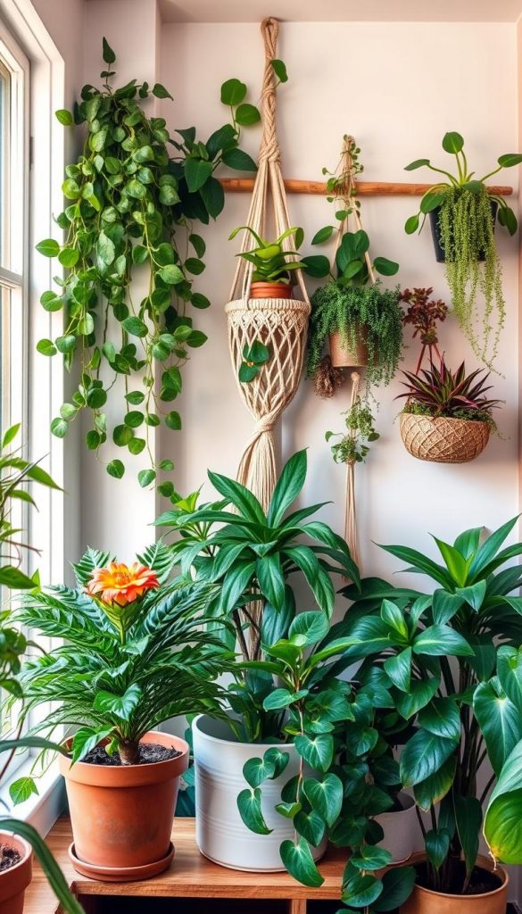 A cozy corner featuring vibrant houseplants in a small, stylish room, showcasing the latest "Wanddeko Trends." In the foreground, a beautiful potted fern and a colorful flowering plant sit on a wooden shelf. In the middle ground, an artistic wall adorned with various green plants in various textures and sizes creates an inviting atmosphere, while a handmade macram&eacute; plant hanger adds a touch of DIY charm. The background features soft, natural light filtering through a window, enhancing warm, earthy tones throughout the scene. The overall mood is serene and inspiring, perfect for showcasing the brand "KlickKiste." Use a wide-angle lens to capture the room's depth and detail, emphasizing how to maximize small spaces with greenery.