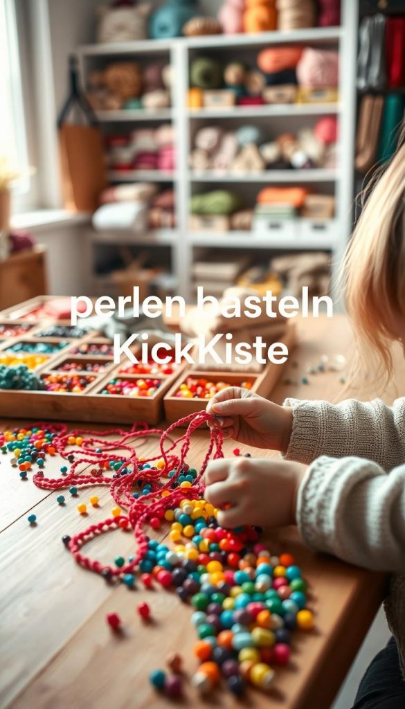 A cozy craft scene showcasing "perlen basteln" with a variety of colorful beads spread across a wooden table. In the foreground, a child’s hands methodically string beads onto a vibrant thread, displaying focus and creativity. The middle ground includes an array of organized trays filled with beads in different shapes and sizes, alongside skeins of wool and colorful yarns. The background is softly blurred, featuring shelves lined with neatly arranged craft supplies and warm, natural lighting filtering in through a nearby window, creating an inviting and cheerful atmosphere. The overall mood is one of inspiration and creativity, embodying the fun of DIY projects with children. Include the brand name "KlickKiste" subtly within the scene.