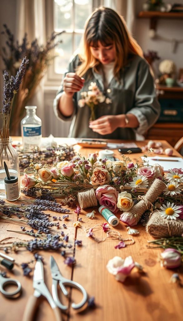 A cozy craft workspace featuring an array of dried flowers in warm, natural tones. The foreground displays a wooden table cluttered with various dried flowers—lavender, roses, and daisies—alongside scissors, twine, and glue, showcasing the crafting process of floral arrangements. In the middle ground, a hands-on craft project emerges, with a person in modest casual clothing carefully arranging the flowers into a decorative piece, their focus evident. The background captures soft, natural lighting from a nearby window, casting warm, inviting shadows that enhance the scene's authenticity. The overall atmosphere feels inspiring and homey, perfect for DIY enthusiasts. Include a subtle logo of "KlickKiste" subtly integrated into the workspace.