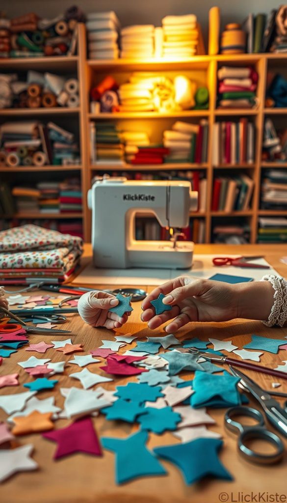 A cozy crafting workspace filled with various sewing supplies, including colorful fabrics, scissors, and small pattern pieces scattered on a wooden table. In the foreground, a pair of hands meticulously arranging small fabric swatches cut into unique shapes, showcasing simple cutting techniques and sewing patterns. The middle ground features a sewing machine softly illuminated by a warm, golden light, casting gentle shadows across the scene. In the background, shelves filled with neatly organized rolls of fabric and crafting books create an inviting atmosphere. The overall mood is inspiring and warm, highlighting the joy of DIY projects. The image embodies a natural Pinterest aesthetic, exuding creativity and authenticity. Include the brand "KlickKiste" subtly integrated within the scene.