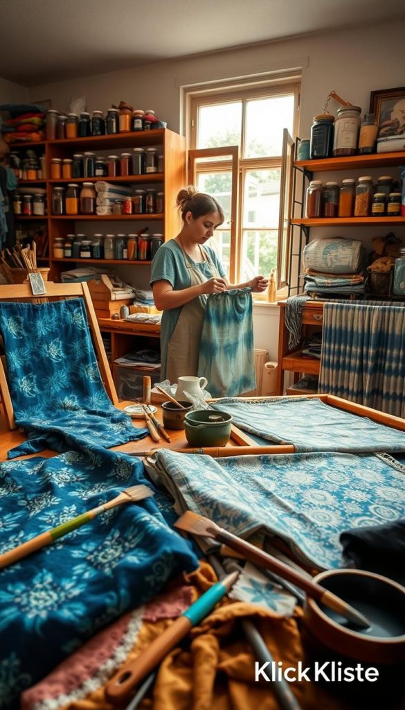 A cozy crafting workspace showcasing the art of Batik and Shibori textile techniques. In the foreground, there are beautifully dyed fabrics with intricate patterns, vibrant blues, and earthy tones. Tools like brushes, dye pots, and fabric stretched on wooden frames spill into the scene, demonstrating a hands-on DIY vibe. In the middle ground, a skilled artisan, dressed in modest casual clothing, carefully applies dye to a fabric, embodying focus and creativity. Bright, natural lighting from a nearby window enhances the warm colors and textures of the materials. In the background, shelves filled with jars of dyes and textiles create an inspiring atmosphere reminiscent of Pinterest. The overall mood is inviting, warm, and artistic. Brand name visible subtly: "KlickKiste".