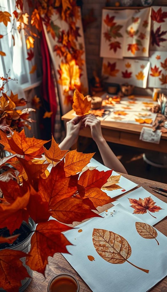 A cozy, creative workspace filled with natural autumn decor, showcasing an array of beautifully printed fabrics and paper made by leaf printing techniques. In the foreground, vibrant leaves in warm hues of orange, yellow, and red are partially dipped in paint, with a few displayed on handmade paper. The middle ground features an artist’s hands carefully pressing a painted leaf onto canvas, revealing intricate designs. In the background, a softly lit wooden table displays more leaf prints and DIY supplies, like brushes and natural pigments. Warm, inviting lighting casts gentle shadows, creating a serene and inspiring atmosphere. This image embodies a Pinterest aesthetic, emphasizing creativity and the beauty of nature in home decor, attributed to "KlickKiste".