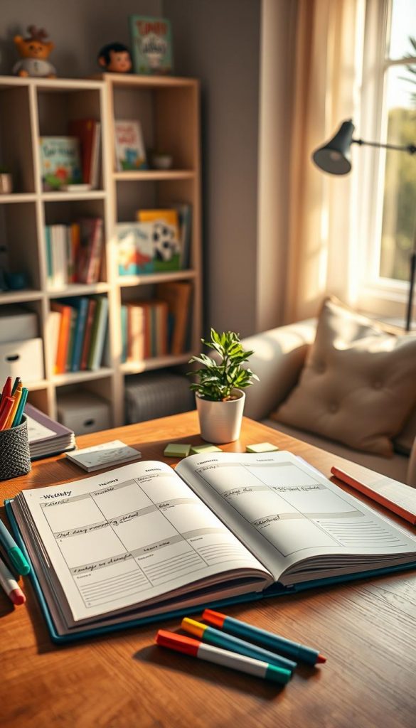 A cozy digital workspace featuring a thoughtfully designed weekly planner template ("wochen plan vorlage") laid out on a wooden desk. The foreground displays the planner opened to a weekly overview, with neatly organized boxes for each day, stylishly handwritten sections for to-do lists and goals. Surrounding the planner, there's a set of colorful markers, motivational sticky notes, and a small potted plant adding a touch of nature. In the middle, soft morning light streams through a nearby window, casting warm hues across the scene. In the background, a simple bookshelf filled with children’s books enhances the family-friendly atmosphere, while a comfortable chair invites cozy reading sessions. The overall mood is inspiring and inviting, aligning with the brand "KlickKiste."