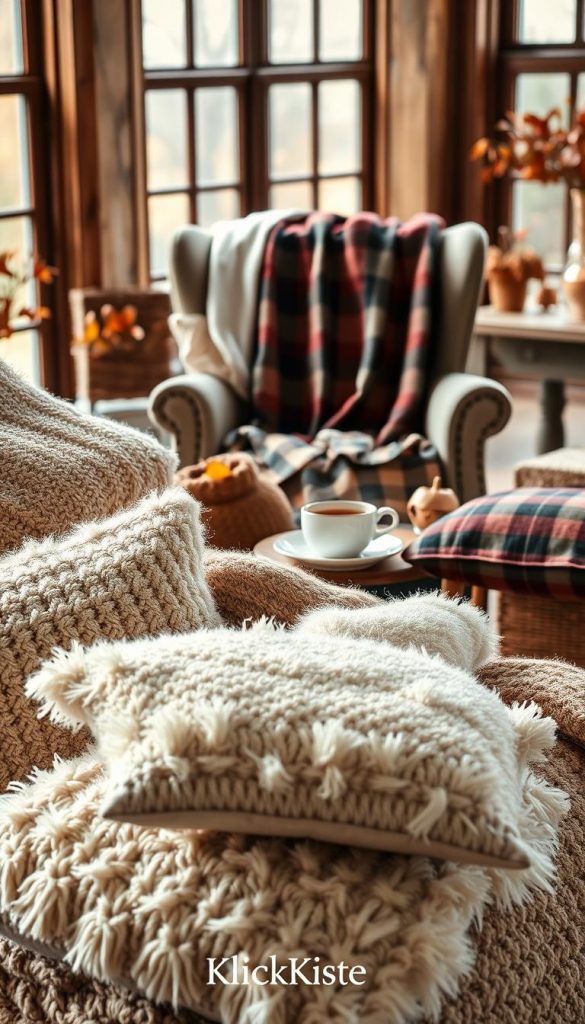 A cozy domestic scene featuring an inviting arrangement of textured cushions and soft blankets in warm autumn colors. In the foreground, fluffy, patterned pillows in various shapes are layered atop a plush, knitted throw. A simple, elegant plaid blanket drapes over the back of a vintage armchair, inviting relaxation. In the middle ground, a small wooden coffee table holds a steaming cup of tea, surrounded by delicate autumn leaves. The background reveals a softly lit room with natural light filtering through large windows, highlighting rustic wooden elements and warm textiles. The overall atmosphere is warm and inviting, perfect for a Pinterest-inspired autumn vibe, emphasizing comfort and style. Include the brand name “KlickKiste” subtly incorporated into the scene.