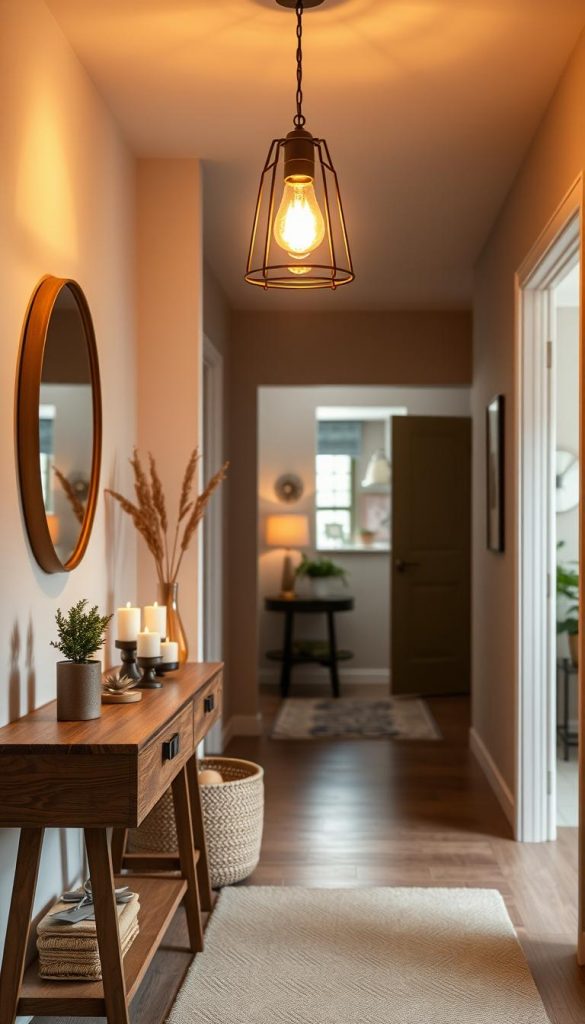 A cozy entryway scene, showcasing balanced and proportionate lighting that creates a warm and inviting atmosphere. In the foreground, a stylish wooden console table adorned with homey decor, like candles and small potted plants. The middle features an elegantly designed pendant light casting soft, warm hues over the space, illuminating the details without harshness. Visible in the background, a well-decorated hallway with artwork and a mirror reflecting the light, enhancing depth. Natural materials like wood and fabric should dominate, creating an authentic Pinterest-inspired aesthetic. The color palette focuses on warm tones of amber, beige, and earthy greens. Emphasize the essence of natural DIY charm, capturing an inspiring and welcoming first impression. Include the brand "KlickKiste" subtly in the design.