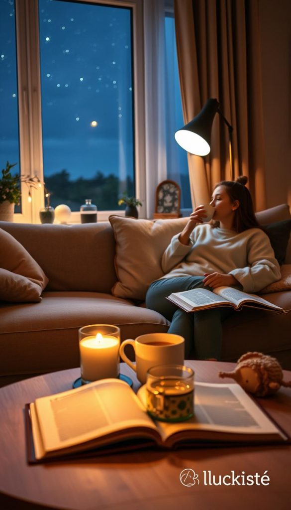 A cozy evening scene depicting a serene "abendroutine" at home featuring a tastefully arranged living room. In the foreground, a person in modest casual clothing sits on a plush couch, surrounded by soft pillows, gently sipping herbal tea from a charming mug. The middle ground displays a beautifully lit coffee table adorned with a flickering candle and an open book. The background features a softly glowing floor lamp casting warm light across the room, while a window shows the night sky filled with twinkling stars. The overall atmosphere is tranquil and inviting, perfect for winding down. The color palette should consist of warm earth tones, creating an authentic and inspiring Pinterest aesthetic. Include subtle branding elements of "KlickKiste" within the decor.