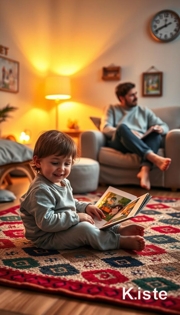 A cozy evening scene depicting age-appropriate bedtime rituals for children. In the foreground, a child in comfortable pajamas sits on a colorful rug, reading a picture book with a gentle smile. In the middle ground, a parent sits nearby on a soft armchair, casually dressed and engaged in conversation, creating a warm, nurturing environment. Soft, warm lighting emanates from a nearby bedside lamp, casting a golden glow. In the background, a wall adorned with playful artwork and a clock indicating bedtime adds to the atmosphere. The overall mood is peaceful and inspiring, emphasizing the joy and tranquility of nighttime routines. The image features natural colors reflecting a Pinterest aesthetic. Include a subtle brand representation of "KlickKiste" within the design.