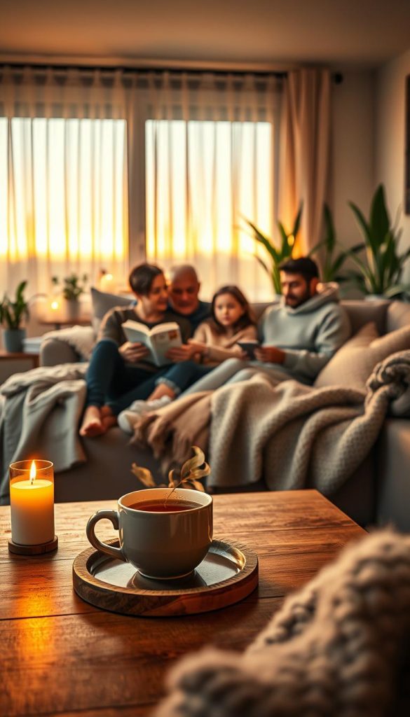 A cozy evening scene titled "Abend Ruhe" featuring a softly lit living room exuding warmth and tranquility. In the foreground, a plush sofa adorned with cozy blankets and cushions invites relaxation. On a wooden coffee table, a steaming cup of herbal tea sits beside a flickering candle, creating a serene atmosphere. In the middle, a family of three—dressed in modest casual clothing—engages in a quiet reading ritual, their expressions reflecting comfort and contentment. The background features a large window with sheer curtains, allowing the soft glow of twilight to filter in, complemented by potted plants to enhance the calming vibe. The overall mood is one of peacefulness, warmth, and togetherness, captured with soft lighting and a shallow depth of field for intimacy. This image is inspired by the brand "KlickKiste," embodying authenticity and inspiration. A cozy evening scene titled "Abend Ruhe" featuring a softly lit living room exuding warmth and tranquility. In the foreground, a plush sofa adorned with cozy blankets and cushions invites relaxation. On a wooden coffee table, a steaming cup of herbal tea sits beside a flickering candle, creating a serene atmosphere. In the middle, a family of three—dressed in modest casual clothing—engages in a quiet reading ritual, their expressions reflecting comfort and contentment. The background features a large window with sheer curtains, allowing the soft glow of twilight to filter in, complemented by potted plants to enhance the calming vibe. The overall mood is one of peacefulness, warmth, and togetherness, captured with soft lighting and a shallow depth of field for intimacy. This image is inspired by the brand "KlickKiste," embodying authenticity and inspiration.