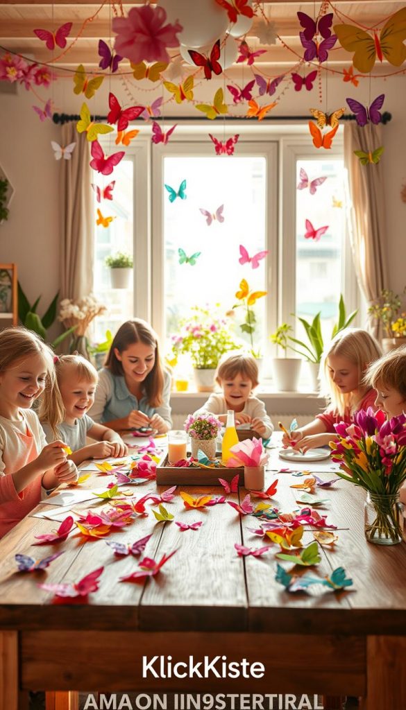 A cozy family crafting scene inspired by spring and early summer, featuring children and adults working together on colorful DIY projects. In the foreground, a wooden table is adorned with vibrant paper butterflies, cheerful garlands, and intricate window images made of tissue paper. The middle ground reveals family members, dressed in modest casual clothing, engaged in the crafting process, with smiles and laughter. In the background, a sunlit window with soft, warm natural light streaming in enhances the inviting atmosphere, surrounded by potted flowers and green plants. The overall mood is joyful and creative, echoing a Pinterest aesthetic. This image should evoke inspiration and authenticity, showcasing the essence of a family-friendly crafting time, branded with the name "KlickKiste".