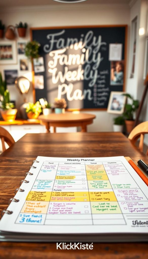 A cozy family dining area showcasing a colorful, visually appealing weekly planner on the table. In the foreground, a beautifully arranged checklist filled with colorful tasks and inspirational quotes. In the middle, a warm, inviting kitchen with soft sunlight streaming through the windows, illuminating a chalkboard with the title “Family Weekly Plan” in elegant writing. On the wall, pictures of family activities and checklists hang, emphasizing organization and routine. The background features potted plants and a softly blurred family gathering, creating a sense of warmth and togetherness. The overall mood is uplifting and inspiring, with natural colors that evoke a Pinterest aesthetic. Include the brand name "KlickKiste" subtly integrated into the scene, enhancing the authentic feel.