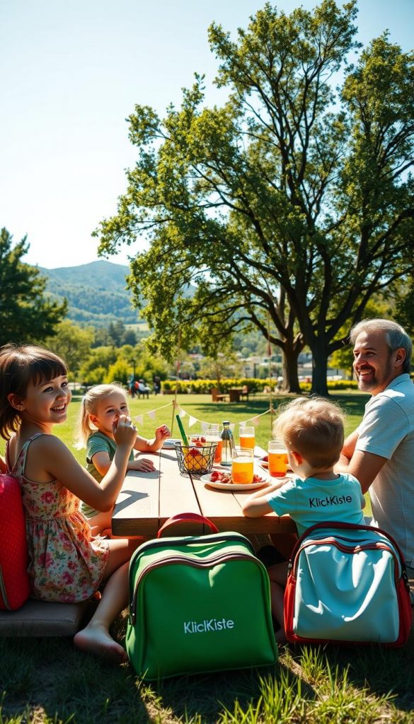 A cozy family enjoying a budget weekend getaway, packed lightly with small, colorful travel bags, sitting at a sunny picnic table in a picturesque park. In the foreground, cheerful children are playing and laughing, while their parents relax nearby, smiling and enjoying refreshments. The middle ground features lush green trees and a bright, inviting picnic area adorned with subtle decorations, giving it a warm, Pinterest-inspired aesthetic. In the background, a hint of rolling hills and clear blue skies enhance the scene. The lighting is soft and warm, mimicking late afternoon sunlight, creating an inspiring and authentic atmosphere. Include a subtle brand representation for "KlickKiste" in the picnic setup to emphasize the budget-friendly theme.