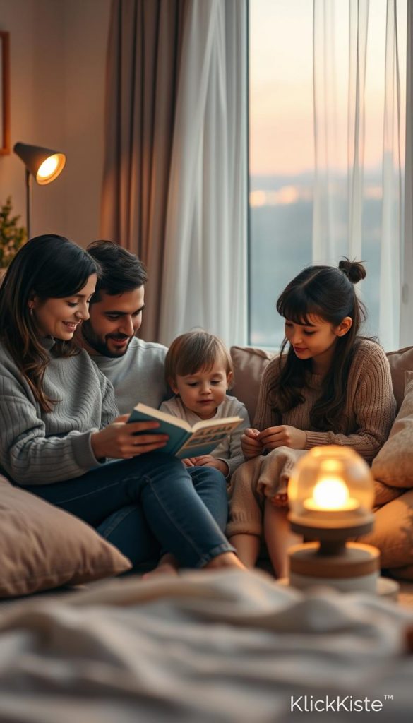 A cozy family evening routine scene, beautifully captured in warm, natural colors reminiscent of Pinterest aesthetics. In the foreground, a family of four&mdash;parents and two children&mdash;engaged in a relaxing activity, such as reading together or playing a board game, all dressed in comfortable yet modest casual clothing. In the middle ground, a softly lit living room with a warm glow emanating from a floor lamp creates an inviting atmosphere. The background features a window with curtains gently swaying, allowing a hint of twilight to filter in. The overall mood is serene and nurturing, embodying the essence of evening rituals. The composition should have a slightly blurred background to emphasize the family's connection. Include elements like soft pillows, a cozy throw blanket, and gentle decorative accents to enhance the comforting vibe of this moment. Tagline "KlickKiste" subtly in the corner.