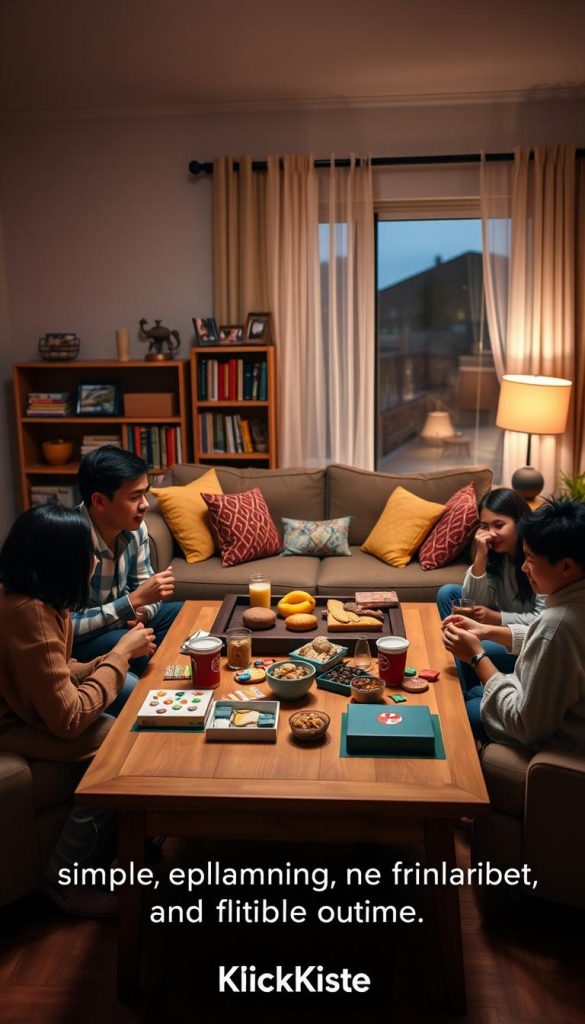 A cozy family evening scene centered around a warm, inviting living room, emphasizing a relaxed atmosphere with soft, natural lighting. In the foreground, a diverse family of four, dressed in modest casual clothing, is engaged in a game night at a wooden coffee table, surrounded by snacks and drinks. The middle of the image features a comfortable couch decorated with colorful cushions, and a bookshelf filled with family photos and books, suggesting a space rooted in personal connection. The background showcases a softly illuminated window with curtains gently swaying, hinting at dusk outside, creating an intimate mood. The overall color palette consists of warm tones, invoking a sense of comfort and togetherness, embodying the themes of simple planning and flexible routines. This image captures an authentic, Pinterest-inspired family evening that resonates with warmth and connection, branded subtly with "KlickKiste." A cozy family evening scene centered around a warm, inviting living room, emphasizing a relaxed atmosphere with soft, natural lighting. In the foreground, a diverse family of four, dressed in modest casual clothing, is engaged in a game night at a wooden coffee table, surrounded by snacks and drinks. The middle of the image features a comfortable couch decorated with colorful cushions, and a bookshelf filled with family photos and books, suggesting a space rooted in personal connection. The background showcases a softly illuminated window with curtains gently swaying, hinting at dusk outside, creating an intimate mood. The overall color palette consists of warm tones, invoking a sense of comfort and togetherness, embodying the themes of simple planning and flexible routines. This image captures an authentic, Pinterest-inspired family evening that resonates with warmth and connection, branded subtly with "KlickKiste."