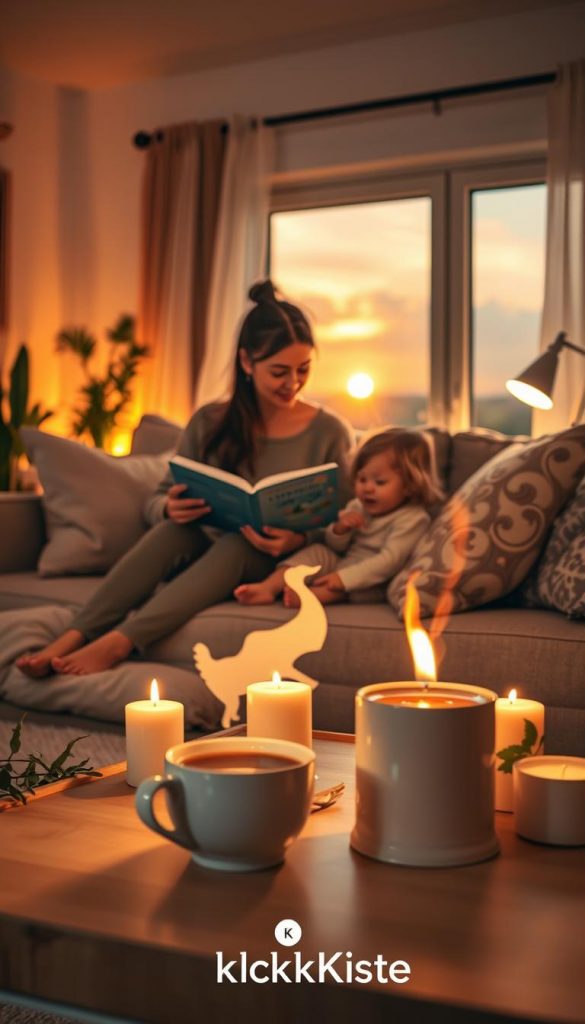 A cozy family evening scene featuring a warm, inviting living room filled with soft, ambient lighting. In the foreground, a mother and child are engaged in a peaceful bedtime routine, with the child reading a book and the mother gently guiding them. The middle of the image showcases a comfortable sofa adorned with plush cushions, and a coffee table with a steaming cup of herbal tea and a few calming candles. In the background, a large window reveals a softly glowing sunset, casting a golden hue over the room. The atmosphere is serene and nurturing, embodying a sense of calm and connection. Incorporate a Pinterest-inspired aesthetic with natural elements like plants and warm colors. Include subtle branding for "KlickKiste" within the decor.
