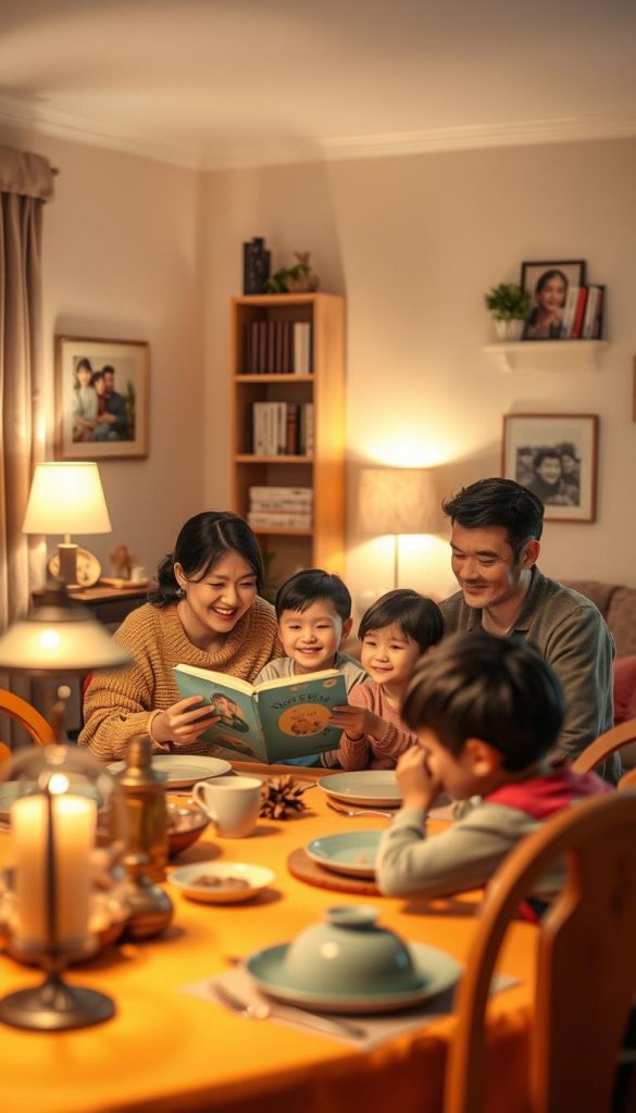 A cozy family evening scene that illustrates the concept of "routine". In the foreground, a table is set with warm, inviting colors, where parents and children, dressed in comfortable, modest clothing, engage in a joyful activity like reading a bedtime story. In the middle ground, soft light glows from a nearby lamp, casting gentle shadows and creating a relaxed atmosphere. In the background, a neatly arranged living room showcases family photographs and books, enhancing the sense of warm familiarity. The overall mood is peaceful and inspiring, reflecting a harmonious family life embracing new rituals. This image should capture the authenticity and warmth associated with the brand "KlickKiste".