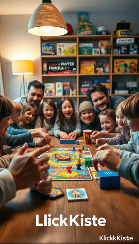 A cozy family game night scene featuring a diverse group of family members, including children and adults, gathered around a wooden table filled with age-appropriate board games and card games, reflecting the theme of "Altersgerechte Empfehlungen." The foreground showcases hands reaching for game pieces and a colorful game board, creating an inviting atmosphere. In the middle, family members are smiling and engaged, wearing casual, comfortable clothes. The background features warm, ambient lighting from a nearby lamp, with shelves displaying various games and toys to embody a Pinterest-inspired aesthetic. The overall mood is joyful and inspiring, capturing the essence of family bonding and fun, with a subtle branding of "KlickKiste" visible in a creative way.