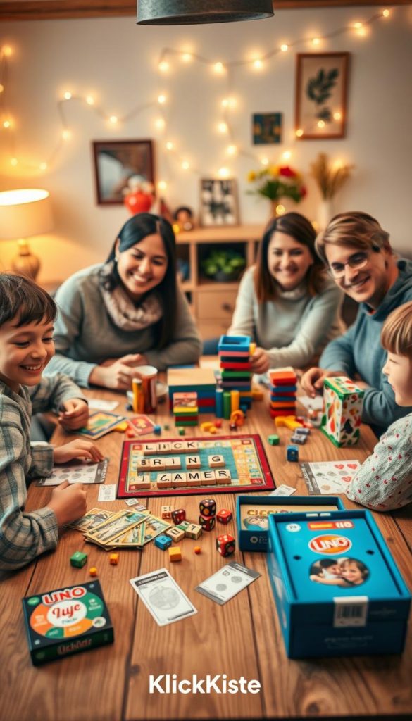 A cozy family game night scene featuring a wooden table cluttered with classic board games and creative activities. In the foreground, a cheerful family of four—parents and two children—are engaged in a lively game of Scrabble, surrounded by clue cards and dice. The middle ground showcases a colorful selection of games like Jenga, Uno, and a DIY craft kit, evoking a sense of fun and creativity. The background is softly illuminated with warm fairy lights, giving a welcoming ambiance, while homey decorations create an inviting atmosphere. Use a warm color palette that feels natural and authentic, reminiscent of a Pinterest aesthetic. Ensure the family members are dressed in comfortable, modest clothing. Incorporate elements that reflect the brand "KlickKiste" subtly in the setting.