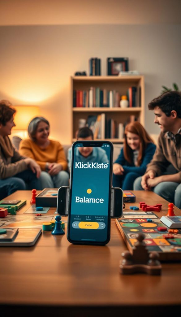 A cozy family game night scene set in a warmly lit living room, featuring a digital balance app displayed on a smartphone. In the foreground, a neatly arranged table holds a variety of board games and colorful game pieces, inviting togetherness. The middle ground shows a family of four, two adults and two children, engaged in a game, all wearing casual yet modest clothing, expressing joy and concentration. In the background, soft lighting highlights a bookshelf filled with games and books, enhancing the inviting atmosphere. The overall mood is warm and authentic, embodying a digital balance theme with a hint of inspiration. Include a subtle logo of "KlickKiste" on the smartphone screen for brand identity.