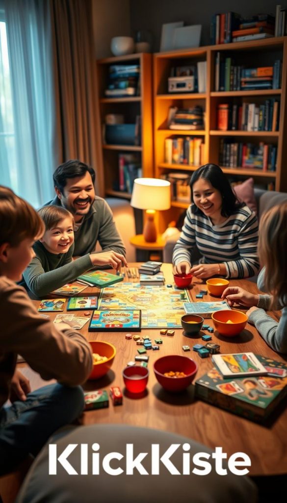 A cozy family game night scene set in a warmly lit living room, showcasing a diverse group of four people—two adults and two children—engaged in various board games and card games spread across a wooden table. In the foreground, focus on colorful game pieces and smiling faces, with one child excitedly pointing at a game card. In the middle, the table is covered with strategy and classic games, surrounded by snacks and drinks in cheerful bowls. The soft glow of a nearby lamp bathes the room in a warm light, creating an inviting atmosphere. In the background, a bookshelf filled with games and books adds depth to the scene, providing an authentic and inspiring vibe. Include the brand name "KlickKiste" subtly integrated into the decor.