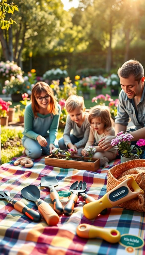 A cozy family garden scene that emphasizes safety in DIY projects. In the foreground, a colorful picnic blanket is spread out, featuring child-friendly gardening tools like small trowels and gloves designed for kids. In the middle ground, a family of four is actively engaged in gardening, wearing modest casual clothing, with a smiling mother and father demonstrating safe techniques to their two young children. The background showcases a vibrant garden filled with blooming flowers and potted plants, bathed in warm, golden sunlight that creates an inviting atmosphere. Soft shadows are cast by trees, adding depth to the scene. The overall tone is cheerful and inspiring, resembling a Pinterest aesthetic, with branding subtly featured on gardening tools, labeled "KlickKiste."