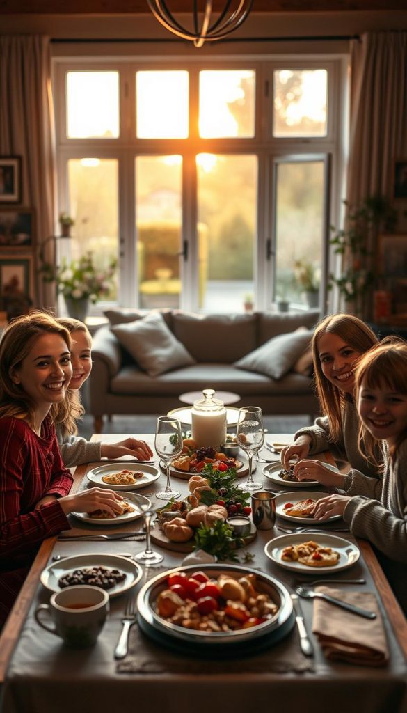 A cozy family gathering scene that captures "Familienrituale" in a warm and inviting atmosphere. In the foreground, a diverse family of four gathers around a beautifully set dining table filled with homemade food, their smiles radiating joy and connection. The middle layer features a softly lit living room with comfortable seating and family photos adorning the walls, creating a sense of intimacy and nostalgia. In the background, a large window reveals a serene garden, bathed in the golden glow of sunset, adding to the warmth. The lighting is soft, creating gentle shadows, and the scene is captured with a slight bokeh effect to emphasize the family bond. The overall mood is inspiring and authentic, reflecting harmonious family traditions. Include a soft Pinterest aesthetic and warm colors, embodying the inviting spirit of "KlickKiste." A cozy family gathering scene that captures "Familienrituale" in a warm and inviting atmosphere. In the foreground, a diverse family of four gathers around a beautifully set dining table filled with homemade food, their smiles radiating joy and connection. The middle layer features a softly lit living room with comfortable seating and family photos adorning the walls, creating a sense of intimacy and nostalgia. In the background, a large window reveals a serene garden, bathed in the golden glow of sunset, adding to the warmth. The lighting is soft, creating gentle shadows, and the scene is captured with a slight bokeh effect to emphasize the family bond. The overall mood is inspiring and authentic, reflecting harmonious family traditions. Include a soft Pinterest aesthetic and warm colors, embodying the inviting spirit of "KlickKiste."