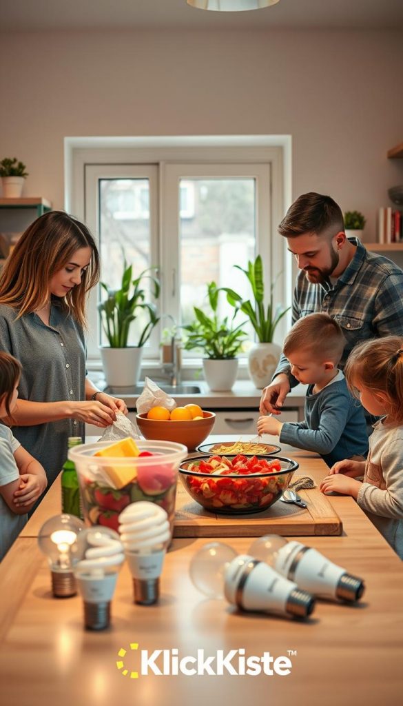 A cozy family kitchen scene emphasizing energy-saving practices in daily life. In the foreground, a mother and father, dressed in modest casual clothing, are engaging their children in fun activities like sorting recyclable waste and preparing a simple, healthy meal using energy-efficient appliances. The middle ground features a table with a fruit bowl and energy-efficient light bulbs. The background reveals a sunlit window with plants, creating a warm and inviting atmosphere, showcasing a sense of community and harmony. Soft, warm lighting illuminates the scene, enhancing the inviting mood, while the overall aesthetic reflects a Pinterest-inspired, authentic vibe. The brand name "KlickKiste" is subtly integrated into the decor, reinforcing the theme of energy conservation in family routines.