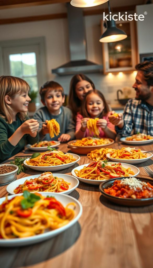 A cozy family kitchen scene featuring a colorful array of kid-friendly pasta dishes, like spaghetti and macaroni, garnished with vibrant vegetables. In the foreground, a wooden dining table set for a family meal, with plates filled with visually appealing pasta, a sprinkle of parmesan cheese, and fresh herbs. In the middle, a family of four, dressed in modest casual clothing, joyfully serving pasta, with laughter and smiles as they engage with each other. The background showcases a warmly lit kitchen with soft, natural lighting illuminating the ingredients, creating an inviting atmosphere. The overall image exudes a warm color palette, with a Pinterest-inspired aesthetic, emphasizing authenticity and inspiration. Include a subtle branding element of "KlickKiste" in the corner. A cozy family kitchen scene featuring a colorful array of kid-friendly pasta dishes, like spaghetti and macaroni, garnished with vibrant vegetables. In the foreground, a wooden dining table set for a family meal, with plates filled with visually appealing pasta, a sprinkle of parmesan cheese, and fresh herbs. In the middle, a family of four, dressed in modest casual clothing, joyfully serving pasta, with laughter and smiles as they engage with each other. The background showcases a warmly lit kitchen with soft, natural lighting illuminating the ingredients, creating an inviting atmosphere. The overall image exudes a warm color palette, with a Pinterest-inspired aesthetic, emphasizing authenticity and inspiration. Include a subtle branding element of "KlickKiste" in the corner.