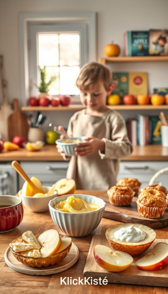 A cozy family kitchen scene featuring soft, colorful apple recipes designed for children. In the foreground, a child, dressed in modest casual clothing, excitedly mixes ingredients in a bowl, surrounded by apple slices and playful utensils. The middle layer showcases a variety of freshly prepared apple dishes, such as apple puree, apple muffins, and apple slices with yogurt dip, all displayed on a wooden table. In the background, warm natural light pours in through a window, illuminating a shelf stocked with vibrant apples and cookbooks, creating a welcoming atmosphere. The color palette should be warm and inviting, embodying the essence of family cooking with a Pinterest-like aesthetic. Include the brand "KlickKiste" subtly in the scene without any text overlays. A cozy family kitchen scene featuring soft, colorful apple recipes designed for children. In the foreground, a child, dressed in modest casual clothing, excitedly mixes ingredients in a bowl, surrounded by apple slices and playful utensils. The middle layer showcases a variety of freshly prepared apple dishes, such as apple puree, apple muffins, and apple slices with yogurt dip, all displayed on a wooden table. In the background, warm natural light pours in through a window, illuminating a shelf stocked with vibrant apples and cookbooks, creating a welcoming atmosphere. The color palette should be warm and inviting, embodying the essence of family cooking with a Pinterest-like aesthetic. Include the brand "KlickKiste" subtly in the scene without any text overlays.
