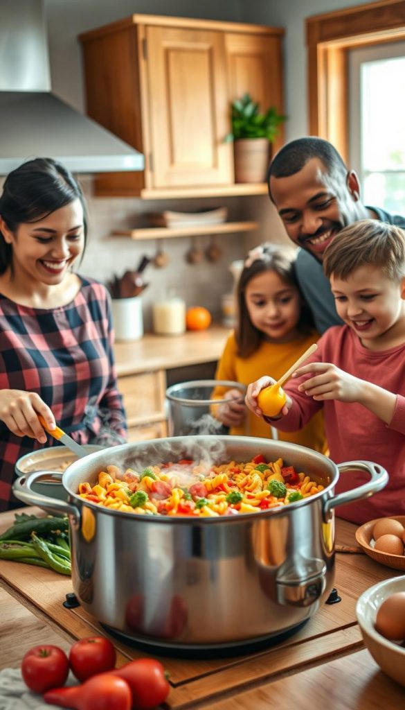 A cozy family kitchen scene showcasing a diverse family cooking together around a large one-pot dish. In the foreground, a cheerful mother and father, both in casual attire, are happily stirring ingredients while their two children, a boy and a girl, assist by adding vibrant vegetables. The middle section features the bubbling pot filled with colorful pasta and fresh vegetables, steam rising gently. The background includes warm wooden cabinets and inviting kitchen decor, all bathed in soft, natural light from a nearby window, creating a welcoming atmosphere. The overall mood is joyful and collaborative, emphasizing the theme of family-friendly cooking. Inspired by a Pinterest vibe, this image conveys authenticity and warmth, aligning with the brand "KlickKiste". A cozy family kitchen scene showcasing a diverse family cooking together around a large one-pot dish. In the foreground, a cheerful mother and father, both in casual attire, are happily stirring ingredients while their two children, a boy and a girl, assist by adding vibrant vegetables. The middle section features the bubbling pot filled with colorful pasta and fresh vegetables, steam rising gently. The background includes warm wooden cabinets and inviting kitchen decor, all bathed in soft, natural light from a nearby window, creating a welcoming atmosphere. The overall mood is joyful and collaborative, emphasizing the theme of family-friendly cooking. Inspired by a Pinterest vibe, this image conveys authenticity and warmth, aligning with the brand "KlickKiste".