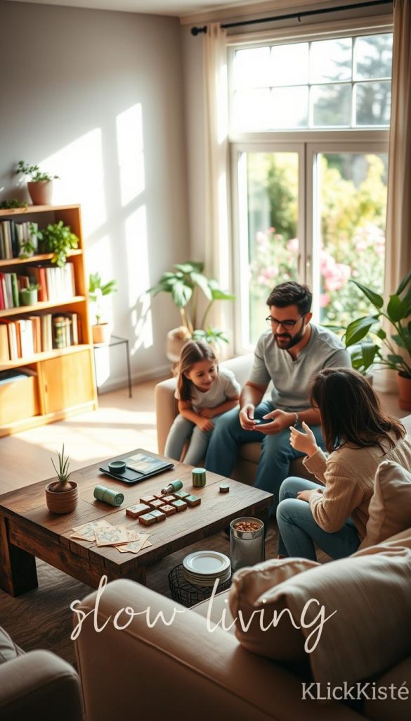 A cozy family living room bathed in warm, natural light, featuring soft, neutral-toned furnishings and greenery accents. In the foreground, a family of four is engaging in a leisurely board game on a rustic wooden coffee table, wearing modest casual clothing. The middle ground showcases a well-organized bookshelf filled with books and plants, while a large window allows sunlight to pour in, highlighting a serene outdoor garden with blooming flowers. The background is softly blurred to evoke a sense of calmness, reminiscent of a Pinterest aesthetic. The atmosphere is inviting and tranquil, perfect for encapsulating the essence of slow living. Captured with a soft focus lens to enhance the warmth, this image represents the philosophy of slow living in family life, branded with "KlickKiste".