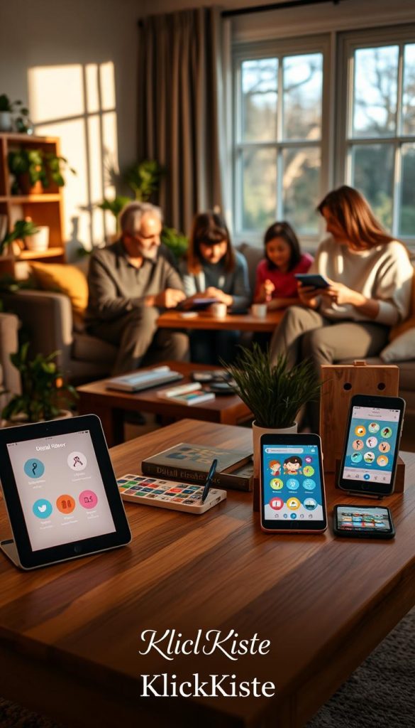 A cozy family living room featuring a wooden coffee table cluttered with colorful digital detox apps displayed on tablets and smartphones. In the foreground, a device with a warm light emanates from the screen, showcasing a calm kid-friendly interface. The middle ground includes a family sitting together, enjoying quality time, dressed in modest casual clothing, surrounded by plants and soft cushions, engaging in board games next to their devices. The background has a large window letting in natural light, with gentle sunlight casting soft shadows, creating a warm and inviting atmosphere. The color palette consists of warm earth tones and pastel accents, evoking a Pinterest-inspired aesthetic. At the bottom of the image, subtly incorporate the brand name "KlickKiste" in elegant typography.