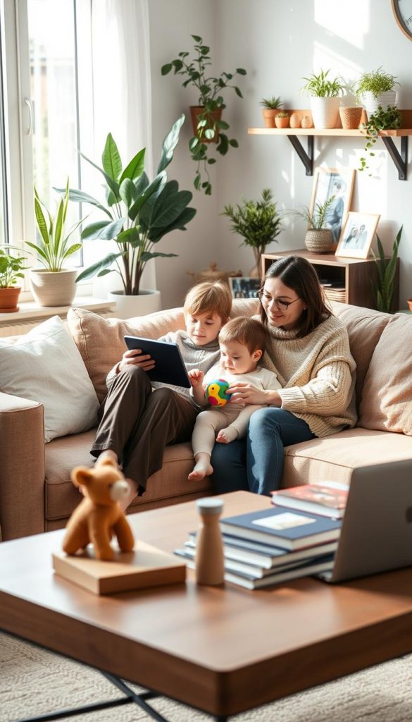 A cozy family living room filled with warmth, depicting a harmonious balance between digital and personal interactions. In the foreground, a mother and child, dressed in comfortable, modest casual clothing, are sitting together on a plush sofa. The mother holds a tablet, while the child plays with a colorful toy, both engaged yet connected. In the middle ground, a stylish coffee table holds a laptop and a few books, hinting at a blend of learning and play. The background reveals a softly lit room adorned with plants and family photos, creating an inviting atmosphere. The scene is bathed in natural light that streams through a window, enhancing the serene mood. Capture the essence of "KlickKiste" with a Pinterest-inspired aesthetic, emphasizing authenticity and inspiration in family life.