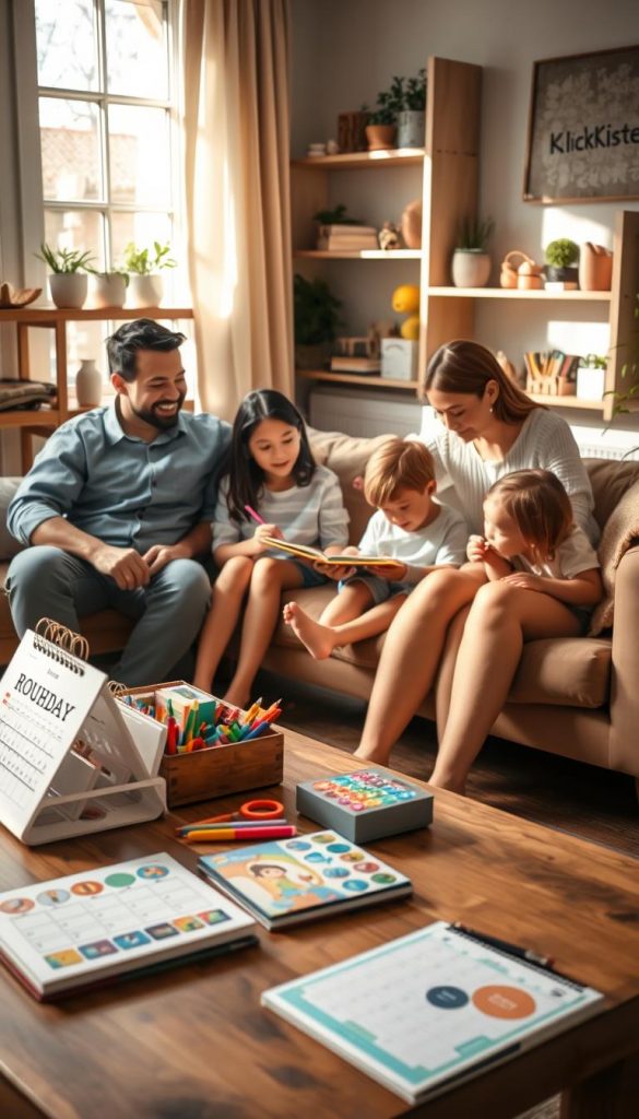 A cozy family living room scene that embodies routine and structure for a relaxed daily life. In the foreground, a warm wooden coffee table is neatly arranged with children's books, colorful art supplies, and a family calendar. In the middle, a diverse family—two parents in casual, professional clothing and two children—are engaged in a playful educational activity together. The background features soft, inviting decor with shelves filled with toys and plants, soft lighting from a window casting a golden glow across the room. The atmosphere is warm and inspiring, reflecting a nurturing environment that incorporates structured activities. Incorporate the brand name "KlickKiste" subtly on a wall art piece. The overall mood should be joyful and harmonious, inviting viewers to connect with the idea of integrating routines into family life.