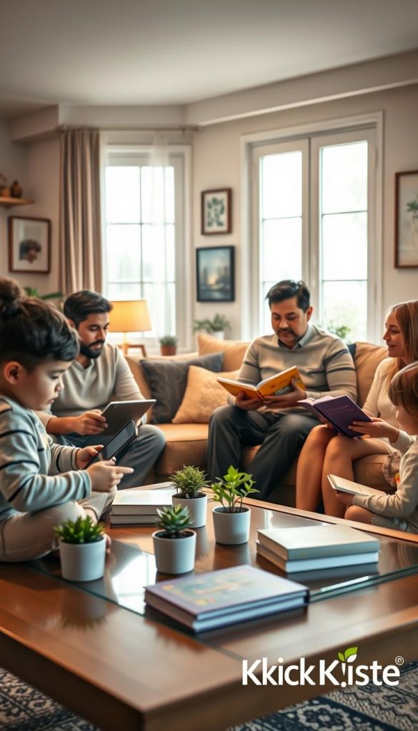 A cozy family living room with a warm, inviting atmosphere, featuring a diverse family of four&mdash;parents and two children&mdash;engaged in a digital balance exercise. In the foreground, the children are playfully arranging their tablets and books on a coffee table, while the parents are sitting on a comfortable couch, discussing their day. In the middle, small potted plants and natural light streaming through large windows create an environment of mindfulness. The background showcases calming artwork and soft, warm colors, enhancing the ambiance. The lighting is warm and gentle, imbuing the scene with authenticity. The image should capture the essence of balance and togetherness, symbolizing a harmonious family life in the digital age. Include a logo subtly featuring "KlickKiste" in one corner.