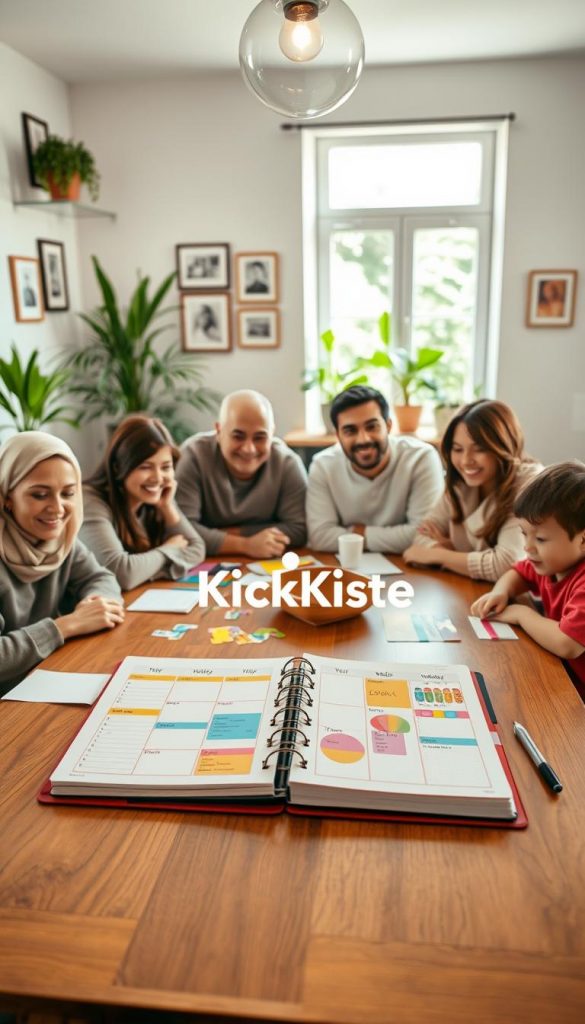 A cozy family meeting space featuring a colorful and organized weekly planner on a large wooden table, surrounded by a diverse family in casual, modest clothing. The foreground displays the planner filled with tasks and colorful stickers, reflecting a sense of structure and routine. In the middle ground, family members engage in discussion, with warm smiles and expressions of collaboration. The background showcases a softly lit room with plants, family photos on the walls, and a window allowing natural light to illuminate the scene. The overall mood is inviting and inspiring, with warm colors that evoke a sense of harmony. The brand name "KlickKiste" subtly integrated within the planner design enhances the authentic Pinterest-like aesthetic.