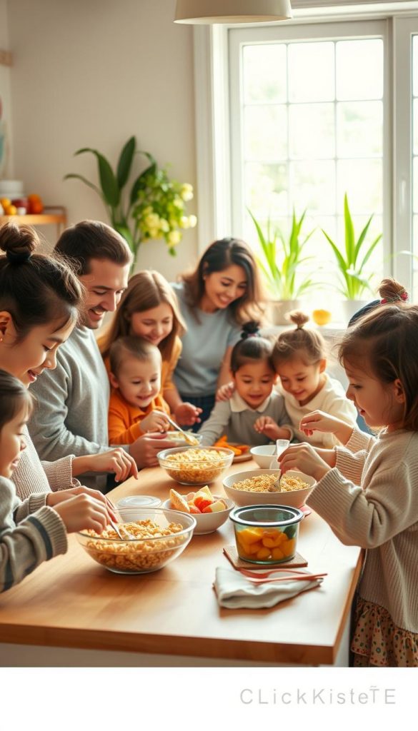 A cozy family morning scene capturing a diverse group of children and their parents in a warm, inviting kitchen filled with natural light. In the foreground, siblings of various ages are playfully engaged in preparing breakfast, some pouring cereal, while others reach for fruits. In the middle ground, parents are affectionately assisting, dressed in comfortable, modest attire that reflects a happy morning routine. The background features a sunlit window with cheerful plants and soft pastel colors, enhancing the warm atmosphere. The overall mood is joyful and inspiring, reflecting a typical family morning setting that encourages collaboration and connection. This image should embody a Pinterest aesthetic with a natural feel, branded as "KlickKiste".