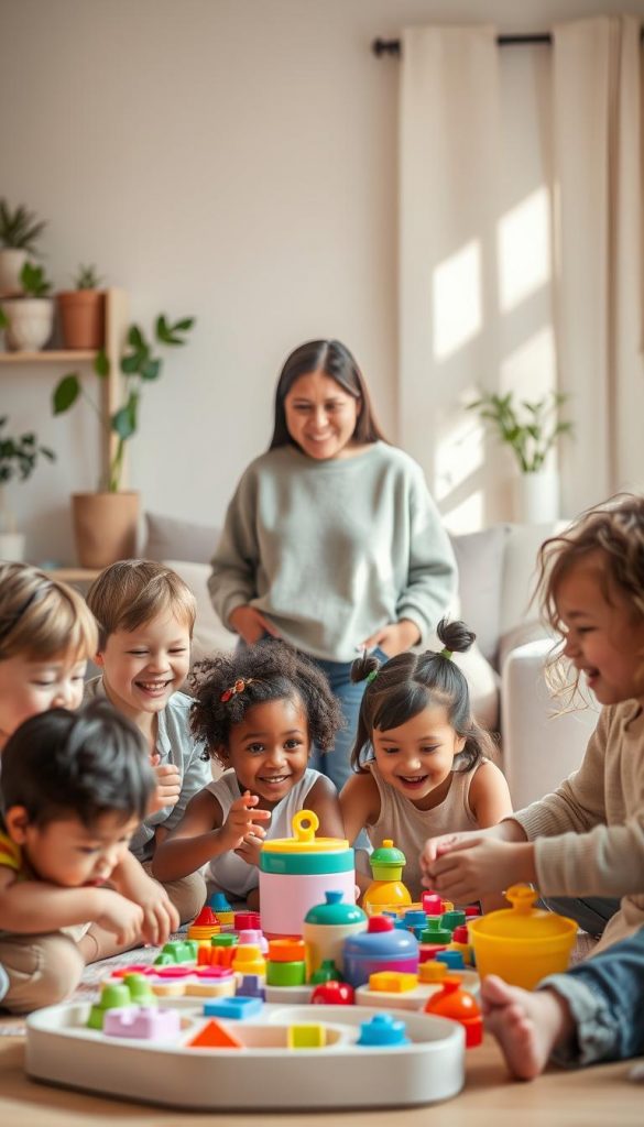 A cozy family scene capturing the essence of "kinder" in a warm and inviting setting. In the foreground, a diverse group of children of various ethnicities play together joyfully, engaging with colorful toys and activities that promote teamwork and creativity. In the middle ground, a nurturing parent, dressed in modest casual clothing, watches over them with a smile, embodying a sense of security and warmth. The background features a softly lit living room with pastel-colored decor, plants that add a touch of nature, and sunlight streaming through the window, creating a serene atmosphere. The image reflects authentic family life, radiating inspiration and comfort. This artwork represents KlickKiste's vision for stress-free family routines, emphasizing togetherness and everyday joy.