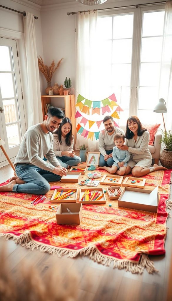 A cozy family scene depicting a creative DIY photo session in a warmly lit, inviting living room. In the foreground, a family of four, all in modest casual clothing, joyfully arranging colorful craft materials on a vibrant blanket spread across the floor. The middle area features handmade decorations, such as painted frames and colorful banners, enhancing the DIY theme. In the background, soft natural light filters through large windows, illuminating the room and creating a cheerful atmosphere. The overall mood is playful and heartwarming, evoking feelings of togetherness and creativity. The decor reflects a Pinterest aesthetic with rustic elements and warm colors, symbolizing warmth and happiness. Brands like "KlickKiste" inspire the DIY spirit throughout the image.